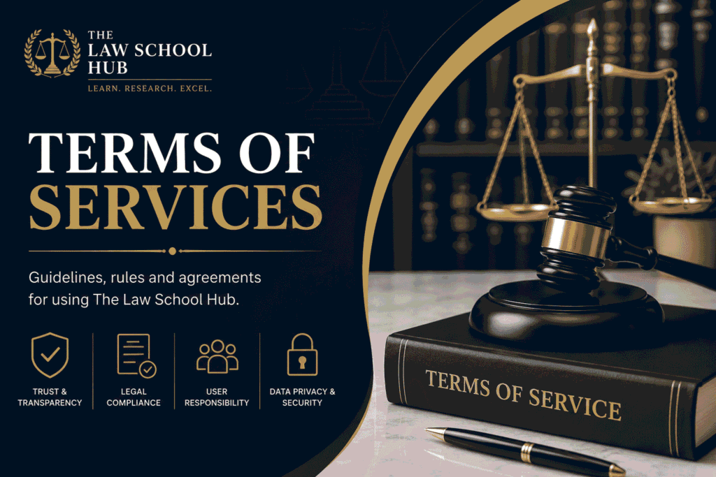 Terms of Service 1 Professional Terms of Services banner for The Law School Hub featuring a judge’s gavel, scales of justice, law books, and icons representing trust, legal compliance, user responsibility, and data privacy.