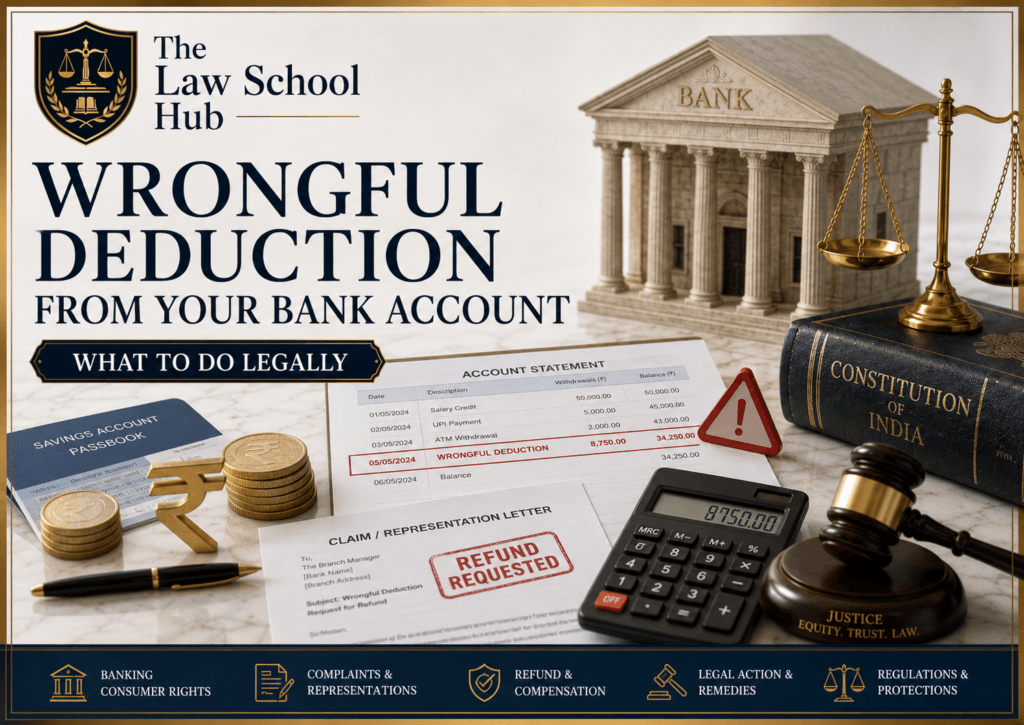 Bank Wrongfully Deducted Money? Know Your Rights and Fight Back with These Proven Legal Steps 1 Wrongful bank deduction cover showing account statement with wrongful deduction, refund request letter, passbook, calculator, rupee coins, Constitution book, gavel, and scales.