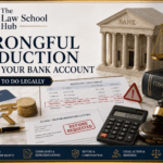Wrongful bank deduction cover showing account statement with wrongful deduction, refund request letter, passbook, calculator, rupee coins, Constitution book, gavel, and scales.