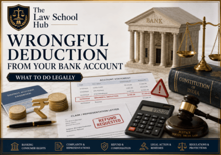 Wrongful bank deduction cover showing account statement with wrongful deduction, refund request letter, passbook, calculator, rupee coins, Constitution book, gavel, and scales.
