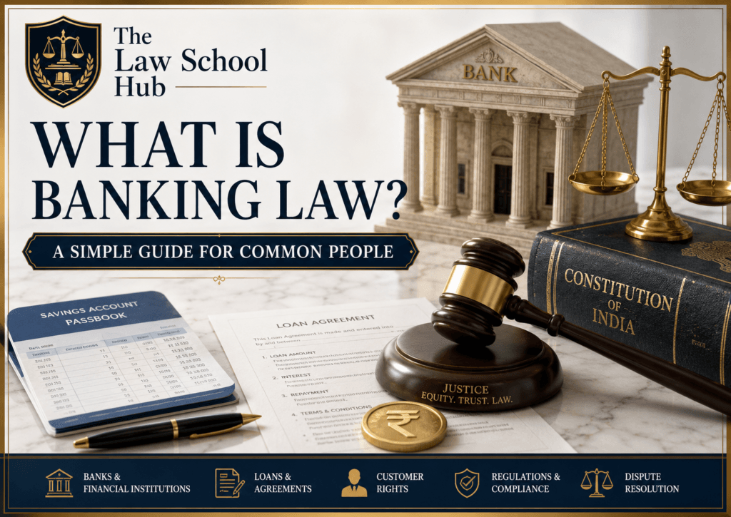 What Is Banking Law in India? The Essential Guide Every Common Person Must Read Today 1 Banking law blog cover showing bank building, Constitution of India, scales of justice, gavel, passbook, loan agreement, and rupee coin.