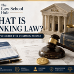 Banking law blog cover showing bank building, Constitution of India, scales of justice, gavel, passbook, loan agreement, and rupee coin.