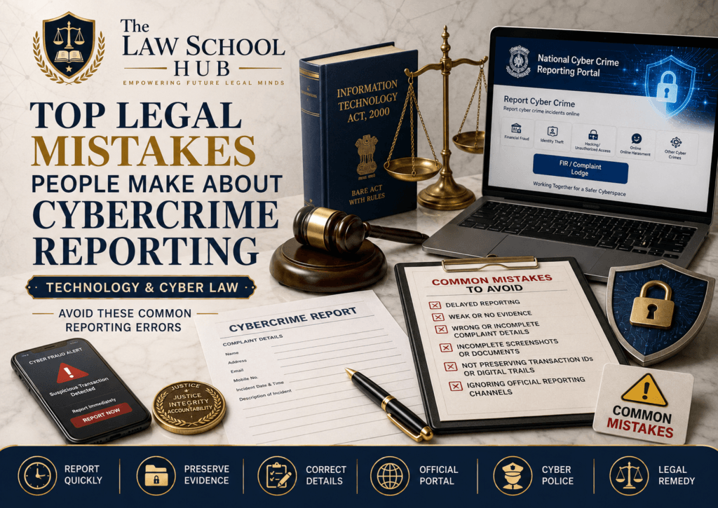 Avoid These 7 Devastating Cybercrime Reporting Mistakes for Your Absolute Safety 1 Cybercrime reporting mistakes cover image showing National Cyber Crime Reporting Portal, Information Technology Act 2000 book, complaint form, warning checklist, laptop, gavel, and cyber security shield.