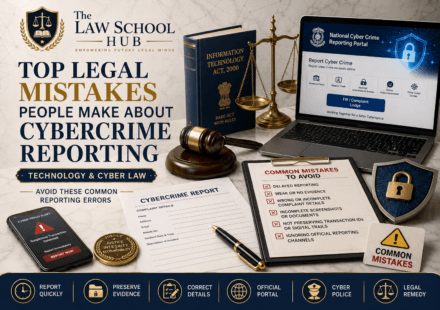 Cybercrime reporting mistakes cover image showing National Cyber Crime Reporting Portal, Information Technology Act 2000 book, complaint form, warning checklist, laptop, gavel, and cyber security shield.