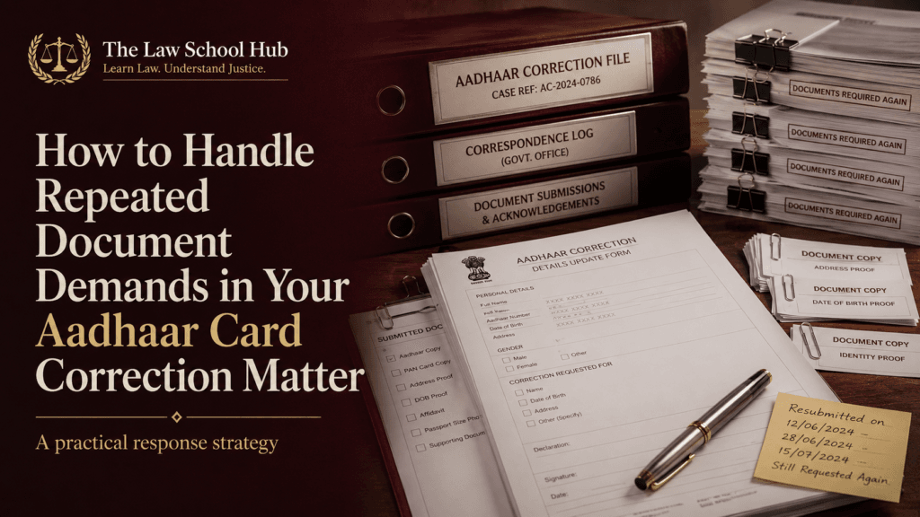 Frustrated by Repeated Document Demands in Aadhaar Card Correction? 7 Powerful Legal Steps to Instantly Stop Government Harassment 1 Cover image showing Aadhaar correction documents, repeated document request files, forms and The Law School Hub logo.