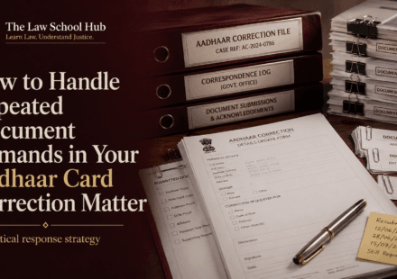 Cover image showing Aadhaar correction documents, repeated document request files, forms and The Law School Hub logo.