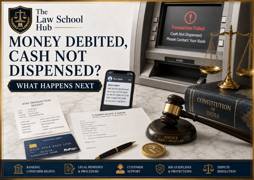 Money Debited but Cash Not Dispensed? Here Are Your Powerful Legal Rights and the Exact Steps to Recover Your Money 1 Money debited but cash not dispensed cover showing ATM failure screen, debit alert on phone, ATM receipt, complaint form, debit card, Constitution book, gavel, and scales.