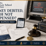 Money debited but cash not dispensed cover showing ATM failure screen, debit alert on phone, ATM receipt, complaint form, debit card, Constitution book, gavel, and scales.