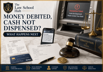 Money debited but cash not dispensed cover showing ATM failure screen, debit alert on phone, ATM receipt, complaint form, debit card, Constitution book, gavel, and scales.