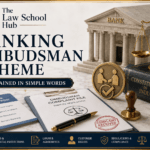 Banking Ombudsman Scheme blog cover showing ombudsman complaint file, complaint received stamp, customer help booklet, Constitution book, bank building, and justice scales.
