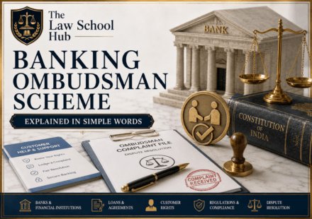 Banking Ombudsman Scheme blog cover showing ombudsman complaint file, complaint received stamp, customer help booklet, Constitution book, bank building, and justice scales.