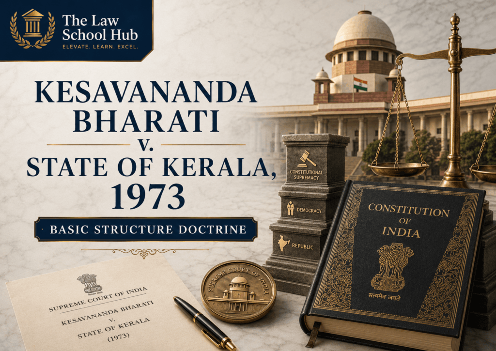 Kesavananda Bharati v. State of Kerala (1973): The Most Important Constitutional Case India Has Ever Seen 1 Professional legal blog cover image for Indira Nehru Gandhi v. Raj Narain, 1975, using a premium navy blue and gold legal design with ballot box, electoral roll, ballot paper, Parliament-inspired background, Constitution of India book, and scales of justice to represent democracy and free elections.