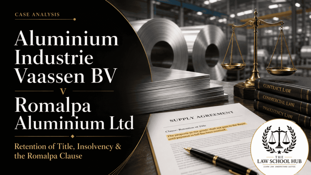 Romalpa Clause Case: Powerful Lessons from Aluminium Industrie Vaassen BV v Romalpa Aluminium Ltd. 8 Aluminium Industrie Vaassen BV v Romalpa Aluminium Ltd legal blog cover showing aluminium sheets, a supply agreement, retention of title clause, scales of justice, and The Law School Hub logo.