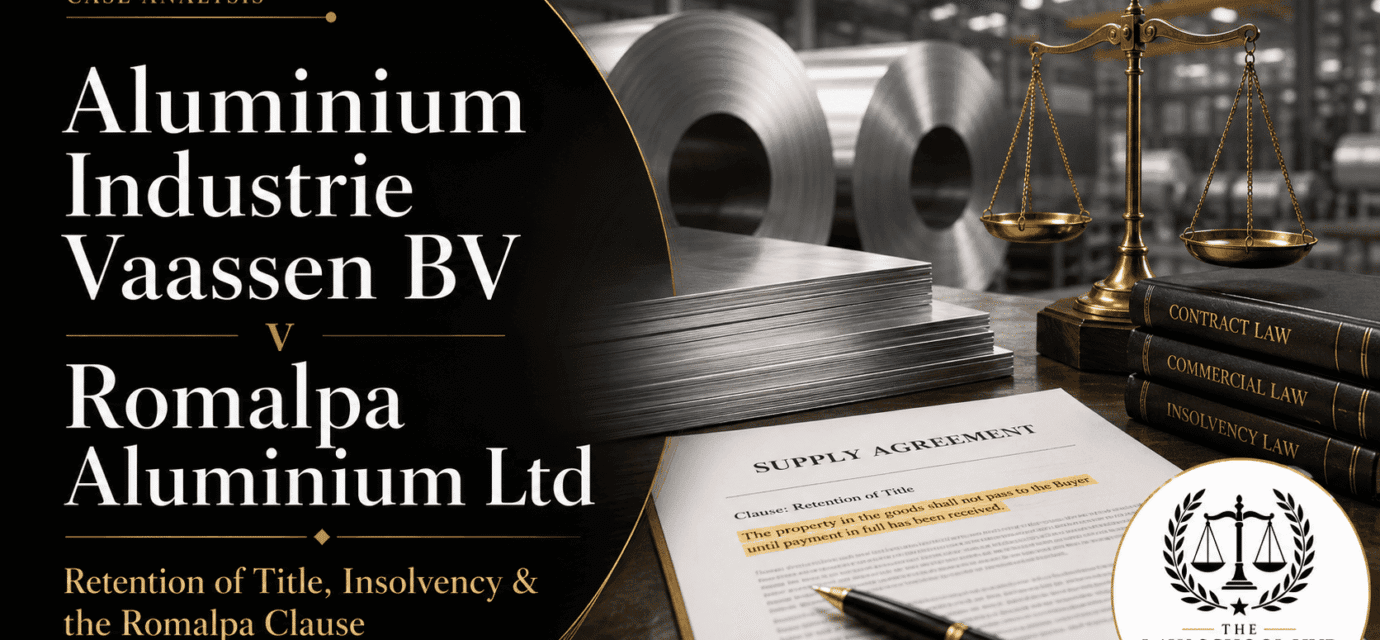 Aluminium Industrie Vaassen BV v Romalpa Aluminium Ltd legal blog cover showing aluminium sheets, a supply agreement, retention of title clause, scales of justice, and The Law School Hub logo.