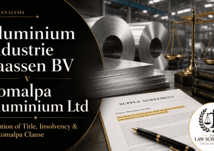 Aluminium Industrie Vaassen BV v Romalpa Aluminium Ltd legal blog cover showing aluminium sheets, a supply agreement, retention of title clause, scales of justice, and The Law School Hub logo.