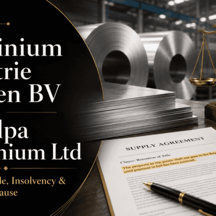 Aluminium Industrie Vaassen BV v Romalpa Aluminium Ltd legal blog cover showing aluminium sheets, a supply agreement, retention of title clause, scales of justice, and The Law School Hub logo.