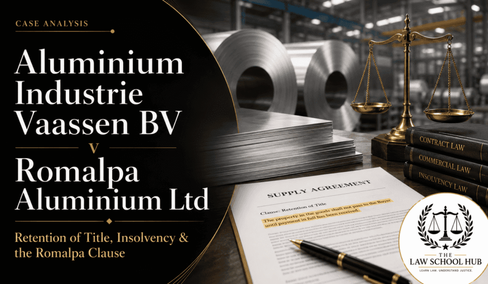Romalpa Clause Case: Powerful Lessons from Aluminium Industrie Vaassen BV v Romalpa Aluminium Ltd. Aluminium Industrie Vaassen BV v Romalpa Aluminium Ltd legal blog cover showing aluminium sheets, a supply agreement, retention of title clause, scales of justice, and The Law School Hub logo.