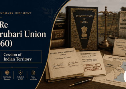 In Re Berubari Union 1960 legal blog cover showing Constitution of India, India Bangladesh boundary marker, Berubari map, Nehru-Noon Agreement, and cession of Indian territory.