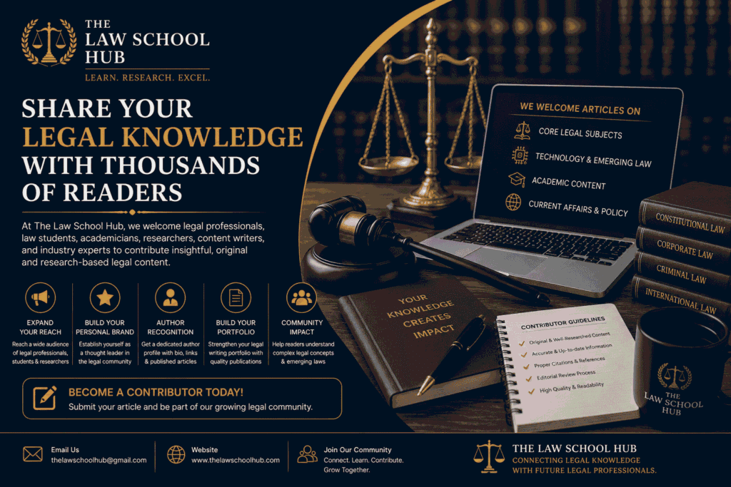Contributor invitation banner for The Law School Hub featuring legal books, a judge's gavel, scales of justice, a laptop displaying legal content categories, and information encouraging legal professionals, students, and researchers to publish articles and join the legal community.