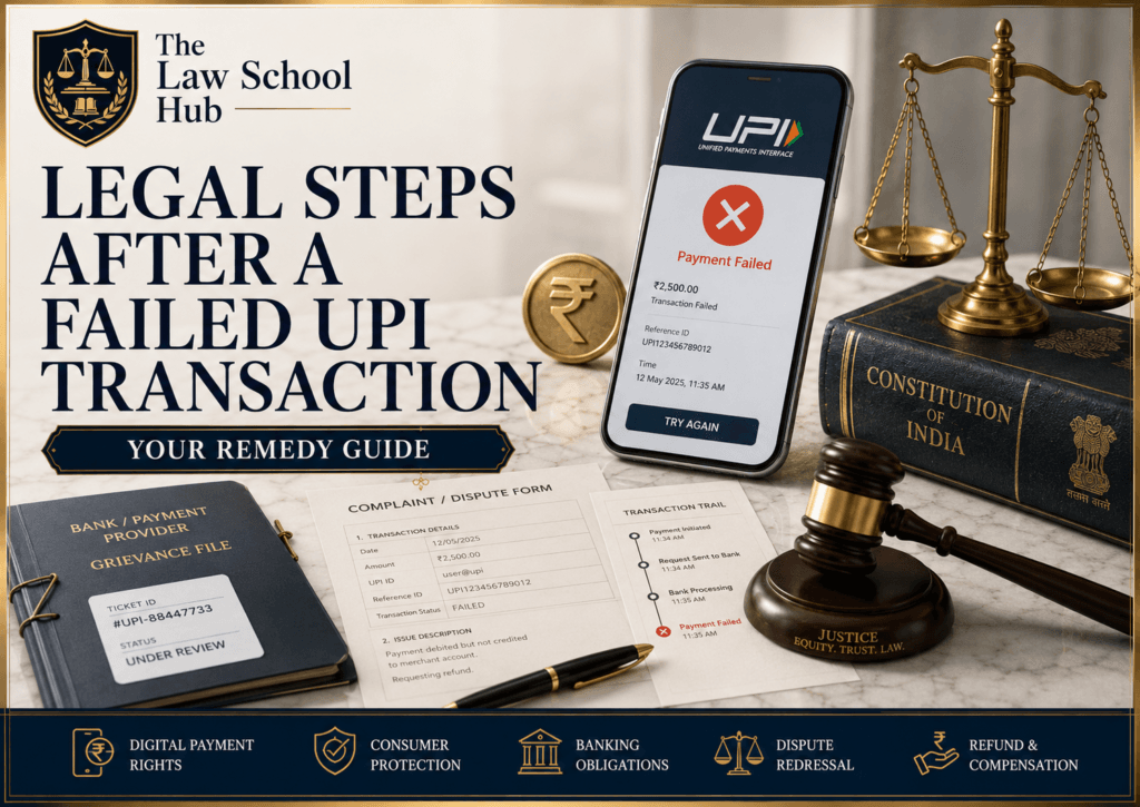Failed UPI Transaction in India? Here Are Your Legal Rights and the Exact Steps to Recover Your Money Instantly 1 Failed UPI transaction cover showing smartphone with payment failed alert, UPI dispute form, grievance file, transaction trail, rupee symbol, Constitution book, gavel, and justice scales.