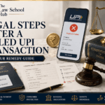 Failed UPI transaction cover showing smartphone with payment failed alert, UPI dispute form, grievance file, transaction trail, rupee symbol, Constitution book, gavel, and justice scales.