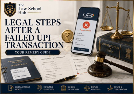 Failed UPI transaction cover showing smartphone with payment failed alert, UPI dispute form, grievance file, transaction trail, rupee symbol, Constitution book, gavel, and justice scales.