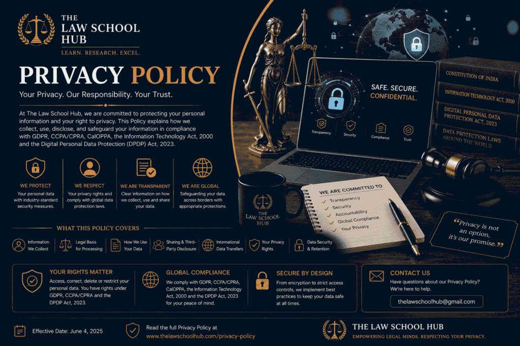 Privacy Policy banner for The Law School Hub featuring Lady Justice, a secure laptop with privacy and cybersecurity icons, legal books on data protection laws, a judge’s gavel, and information highlighting GDPR, CCPA/CPRA, CalOPPA, and India’s DPDP Act compliance.