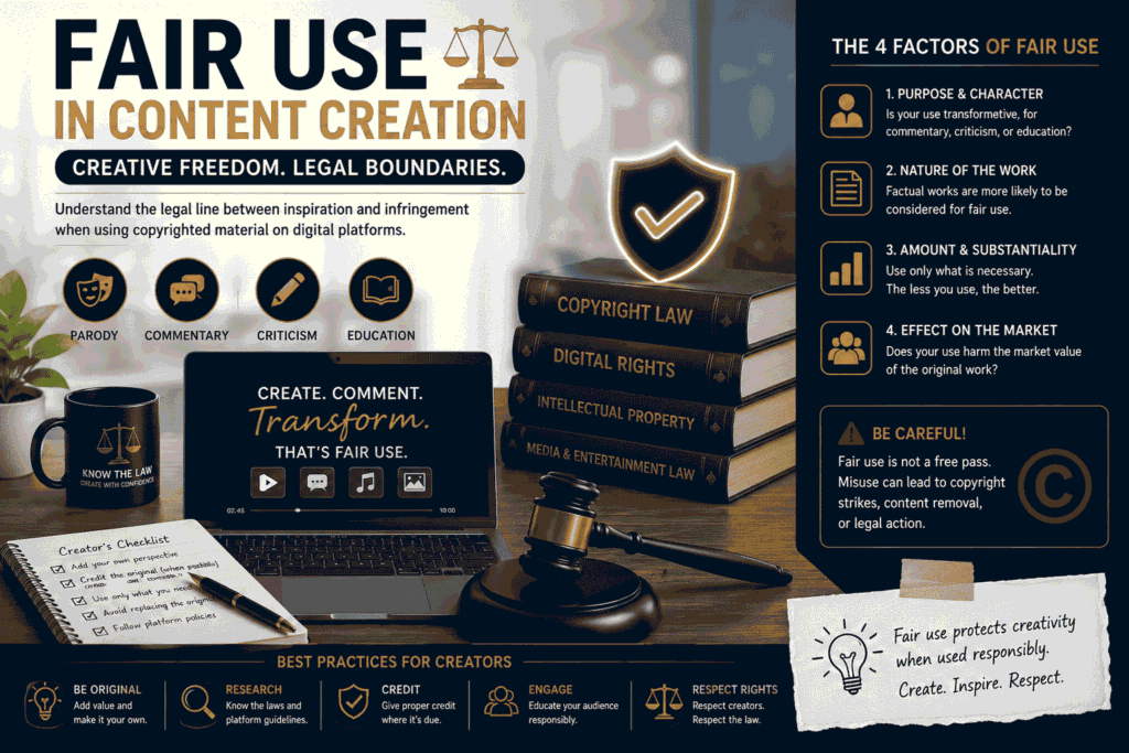 How to Shield Your Videos from Claims: Is It Fair Use Parody or Legal Theft? 1 Educational infographic about fair use in content creation featuring copyright law books, a balance scale weighing fair use against copyright protection, a laptop for digital creators, a judge’s gavel, and key fair use factors including parody, commentary, criticism, and education.