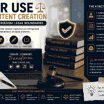 Educational infographic about fair use in content creation featuring copyright law books, a balance scale weighing fair use against copyright protection, a laptop for digital creators, a judge’s gavel, and key fair use factors including parody, commentary, criticism, and education.