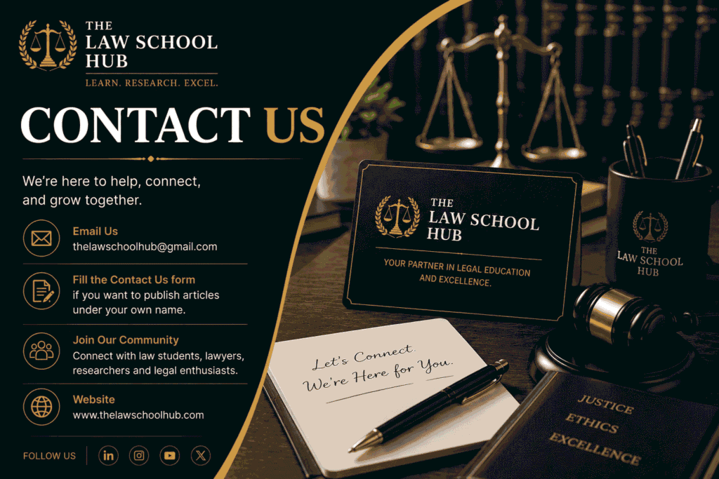Contact Us 1 Contact Us banner for The Law School Hub featuring legal-themed elements including a judge's gavel, law books, scales of justice, and contact information inviting users to connect, publish articles, and join the legal community.