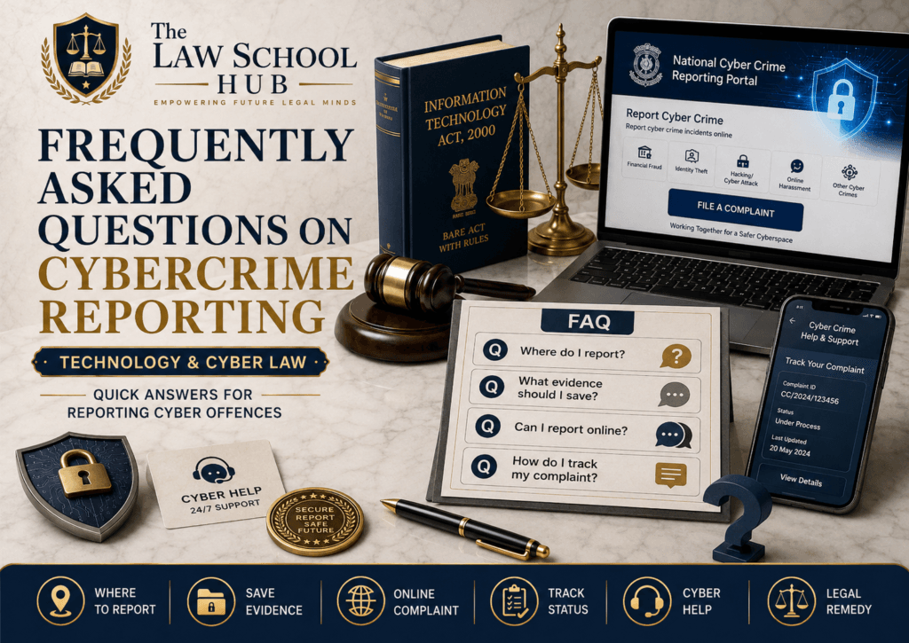 Master the Most Urgent Frequently Asked Questions on Cybercrime Reporting to Safely Stop Devastating Scams 1 Cybercrime reporting FAQ cover image showing FAQ board, cyber help support card, National Cyber Crime Reporting Portal, complaint tracking phone, Information Technology Act 2000, and legal symbols.