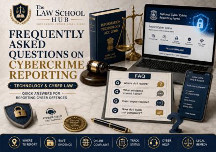 Cybercrime reporting FAQ cover image showing FAQ board, cyber help support card, National Cyber Crime Reporting Portal, complaint tracking phone, Information Technology Act 2000, and legal symbols.