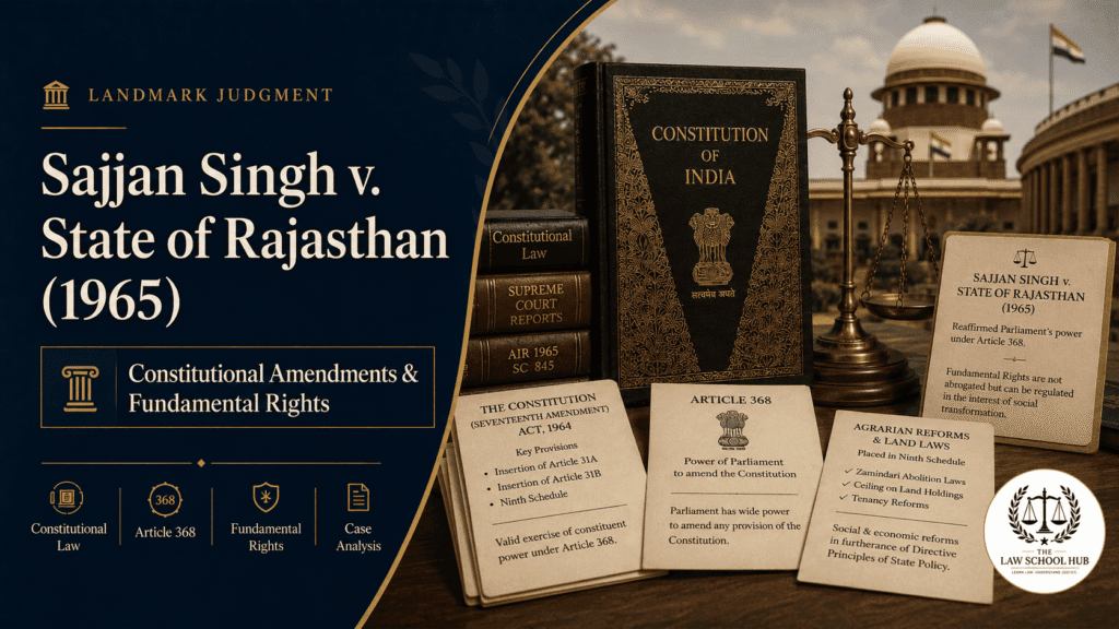 Sajjan Singh v. State of Rajasthan (1965): Parliament's Power to Amend the Constitution — What the Supreme Court Ruled 1 Sajjan Singh v State of Rajasthan 1965 legal blog cover showing Constitution of India, Article 368, Seventeenth Amendment Act 1964, agrarian reforms, and fundamental rights.