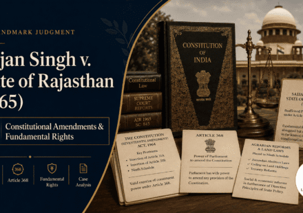 Sajjan Singh v State of Rajasthan 1965 legal blog cover showing Constitution of India, Article 368, Seventeenth Amendment Act 1964, agrarian reforms, and fundamental rights.