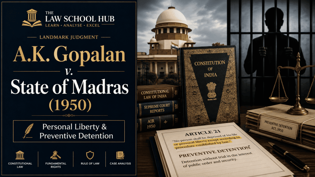 A.K. Gopalan Caselaw: Powerful Lessons on Personal Liberty and Preventive Detention 1 A.K. Gopalan v State of Madras 1950 legal blog cover showing Supreme Court of India, Constitution of India, Article 21, preventive detention, and scales of justice.