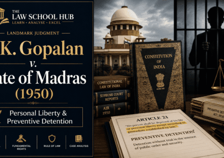 A.K. Gopalan v State of Madras 1950 legal blog cover showing Supreme Court of India, Constitution of India, Article 21, preventive detention, and scales of justice.
