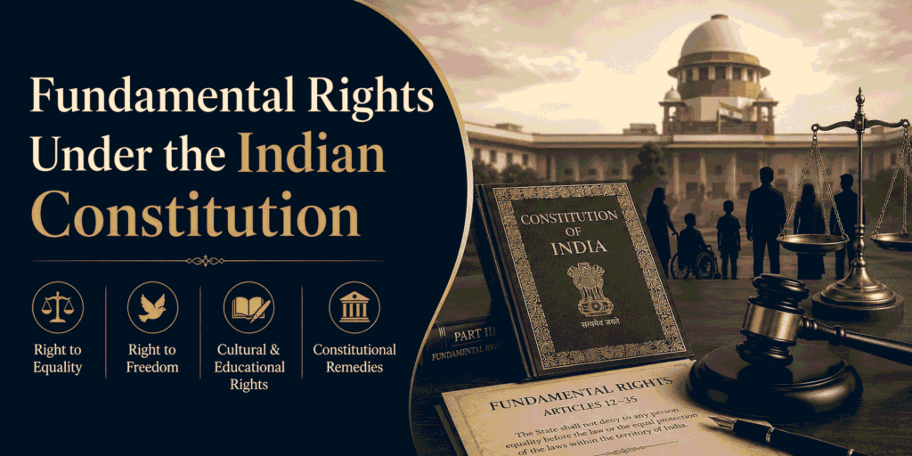 Professional blog cover image for “Fundamental Rights Under the Indian Constitution” featuring the Constitution of India, Supreme Court imagery, legal scales, a judge’s gavel, citizens, and Article 12–35 references.