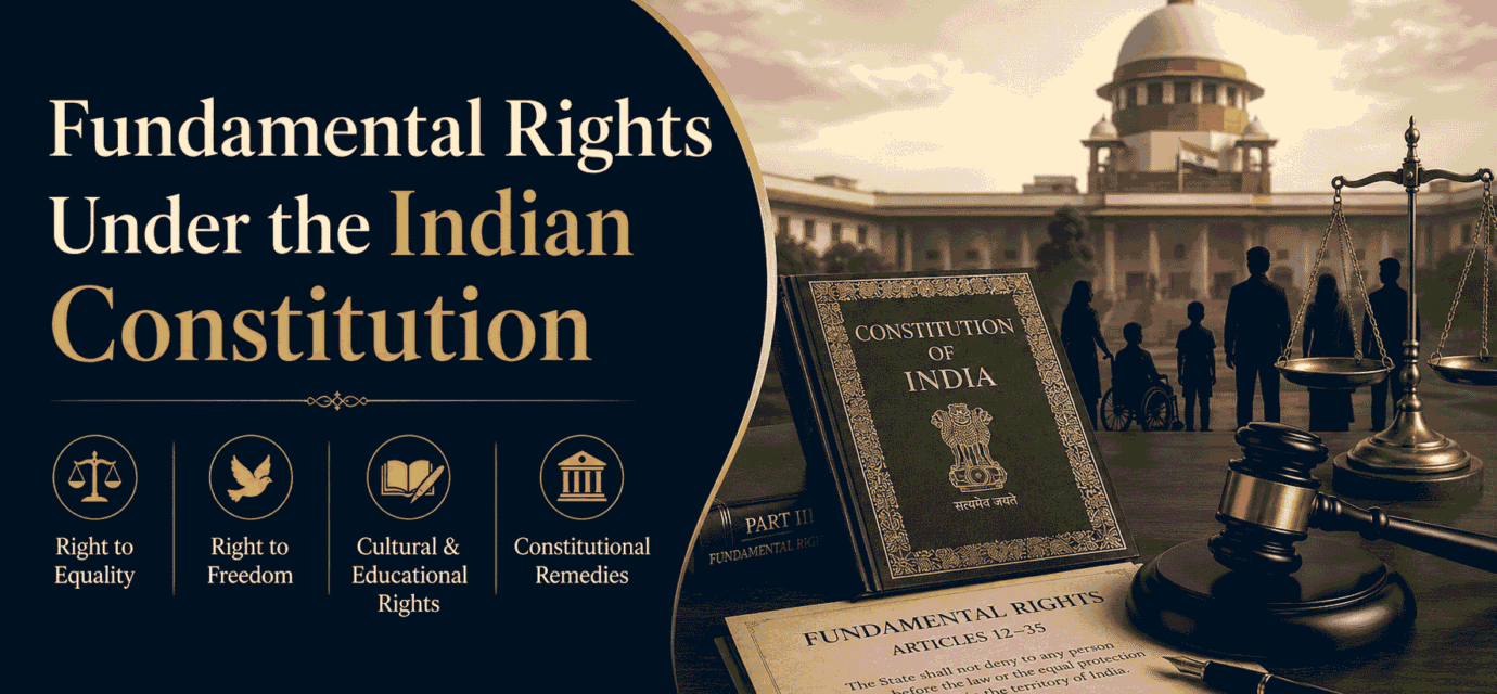 Professional blog cover image for “Fundamental Rights Under the Indian Constitution” featuring the Constitution of India, Supreme Court imagery, legal scales, a judge’s gavel, citizens, and Article 12–35 references.