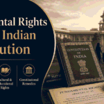 Professional blog cover image for “Fundamental Rights Under the Indian Constitution” featuring the Constitution of India, Supreme Court imagery, legal scales, a judge’s gavel, citizens, and Article 12–35 references.
