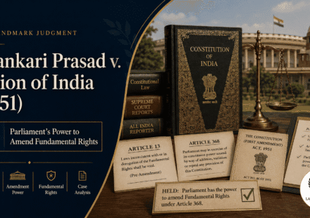Shankari Prasad v Union of India 1951 legal blog cover showing Constitution of India, Article 13, Article 368, First Amendment Act 1951, and Parliament’s power to amend fundamental rights.