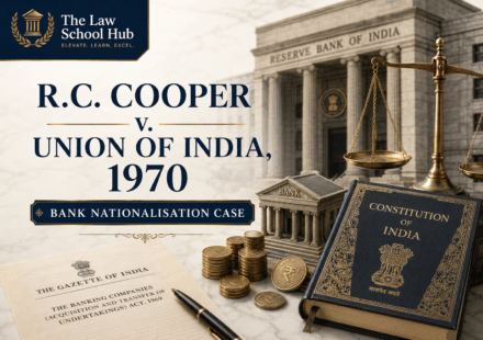 R.C. Cooper v. Union of India 1970 blog cover showing bank nationalisation, Constitution of India, scales of justice, RBI building, coins, and legal documents.