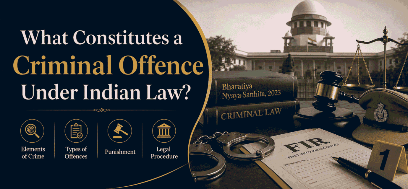 Professional blog cover image for “What Constitutes a Criminal Offence Under Indian Law?” featuring Indian court imagery, Bharatiya Nyaya Sanhita, FIR documents, handcuffs, legal scales, a gavel, and police symbols.