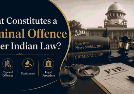Professional blog cover image for “What Constitutes a Criminal Offence Under Indian Law?” featuring Indian court imagery, Bharatiya Nyaya Sanhita, FIR documents, handcuffs, legal scales, a gavel, and police symbols.
