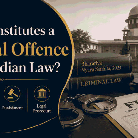 Professional blog cover image for “What Constitutes a Criminal Offence Under Indian Law?” featuring Indian court imagery, Bharatiya Nyaya Sanhita, FIR documents, handcuffs, legal scales, a gavel, and police symbols.