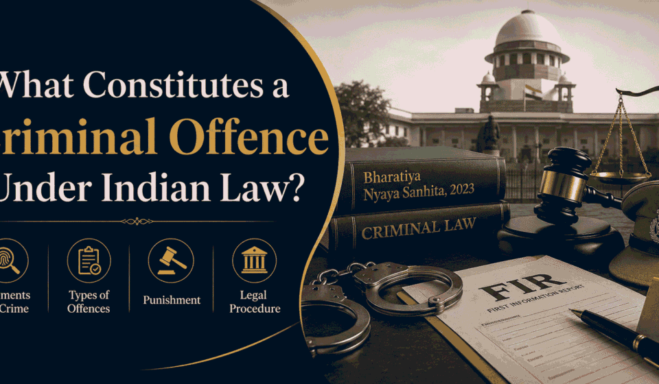 What Constitutes a Criminal Offence Under Indian Law? A Clear, Powerful Guide That Protects Your Rights Professional blog cover image for “What Constitutes a Criminal Offence Under Indian Law?” featuring Indian court imagery, Bharatiya Nyaya Sanhita, FIR documents, handcuffs, legal scales, a gavel, and police symbols.