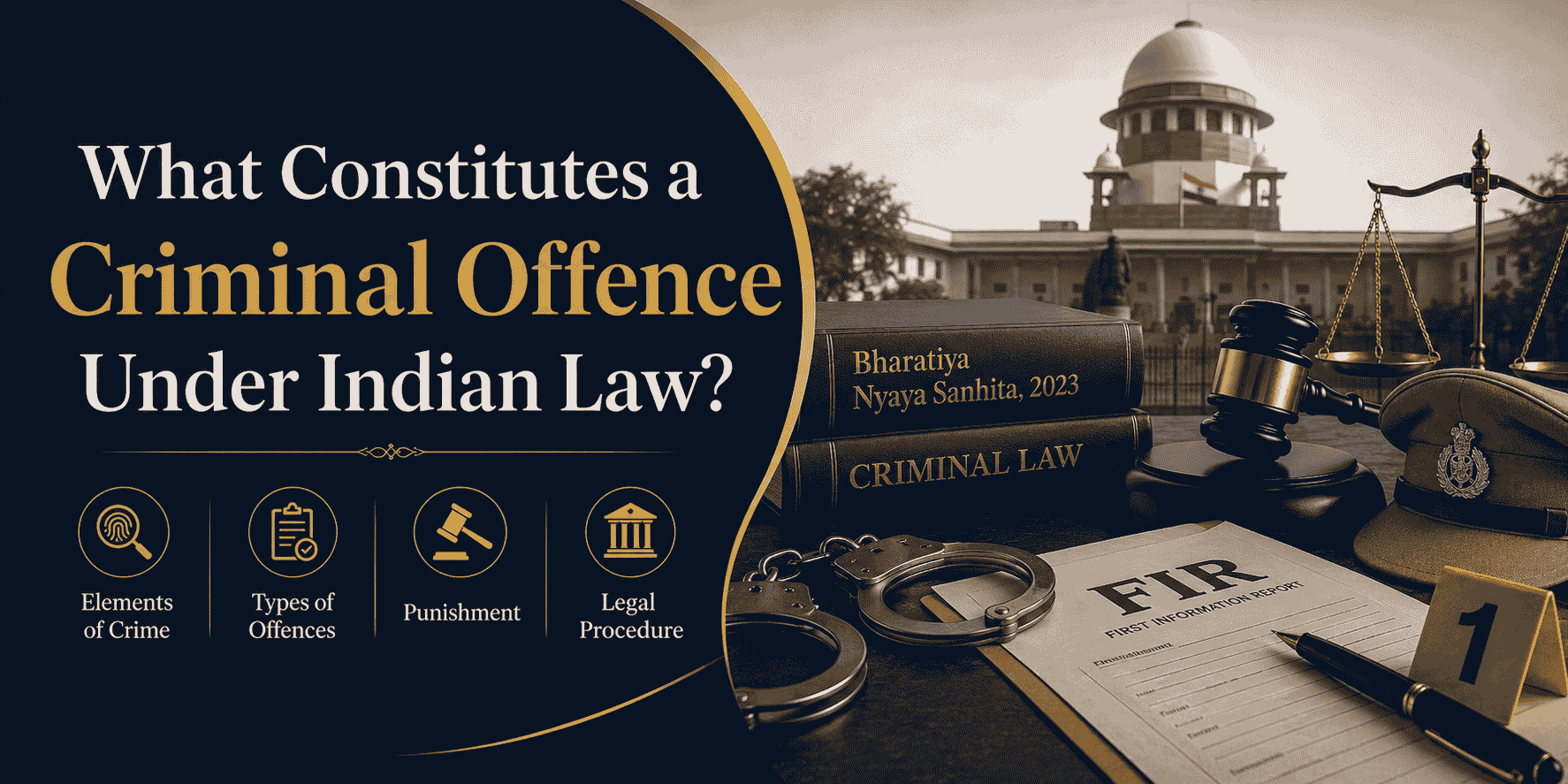 What Constitutes a Criminal Offence Under Indian Law? A Clear, Powerful Guide That Protects Your Rights 8 Professional blog cover image for “What Constitutes a Criminal Offence Under Indian Law?” featuring Indian court imagery, Bharatiya Nyaya Sanhita, FIR documents, handcuffs, legal scales, a gavel, and police symbols.