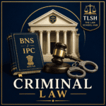 Criminal Law category cover featuring a BNS/IPC law book, judge’s gavel, handcuffs, courthouse, and The Law School Hub logo.
