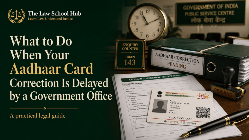 Is Your Aadhaar Card Correction Delayed? Discover 7 Powerful Legal Steps To Quickly Stop Painful Government Delays 1 Cover image showing Aadhaar card correction form, pending file, government office desk and The Law School Hub logo.