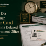 Cover image showing Aadhaar card correction form, pending file, government office desk and The Law School Hub logo.