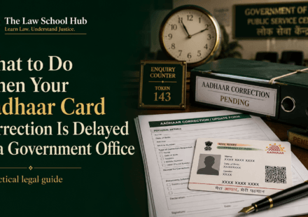 Cover image showing Aadhaar card correction form, pending file, government office desk and The Law School Hub logo.